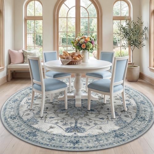 RELEANY Washable Area Rug, Round 7ft, Blue/White/Gray