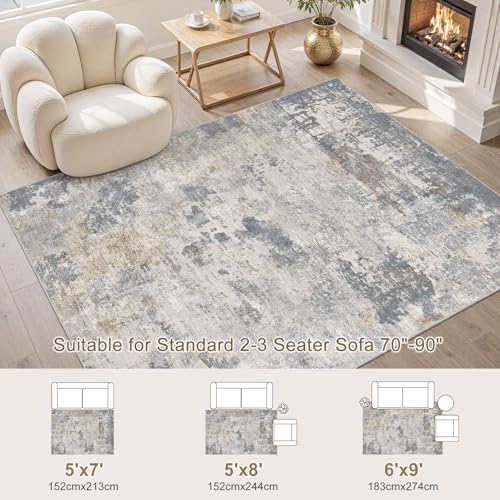 UERMEI 6x9 Area Rug Living Room Rugs - Washable Neutral Modern Abstract Soft Thin Large Rug Indoor Floor No Slip Rug Carpet for Bedroom Under Dining Table Home Office Decor - Blue Grey