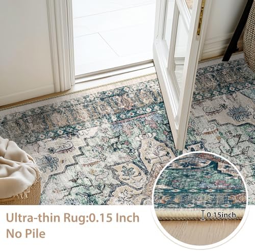 BESTSWEETIE Washable Boho 9x12 Area Rug, No Pile for Living Room, Green