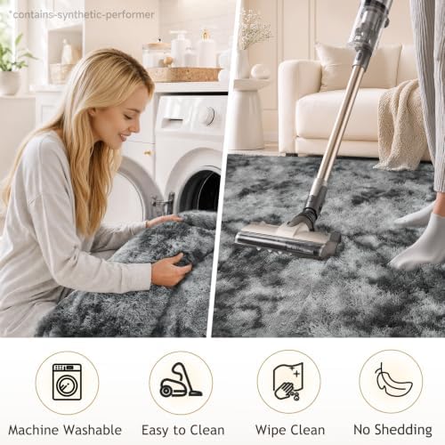 Ophanie Tie-Dyed Grey Area Rugs 6x9 for Bedroom Living Room, Light Gray Fluffy Shag Fuzzy Carpet,Plush Shaggy Rug,Indoor Carpet for Kids Boys Dorm Home Decor Aesthetic, Nursery with 99 pcs Pile fibers
