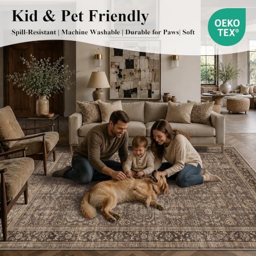 JOOJA 10x14 Dark Brown Vintage Soft Low Pile Washable Boho Large Area Rug