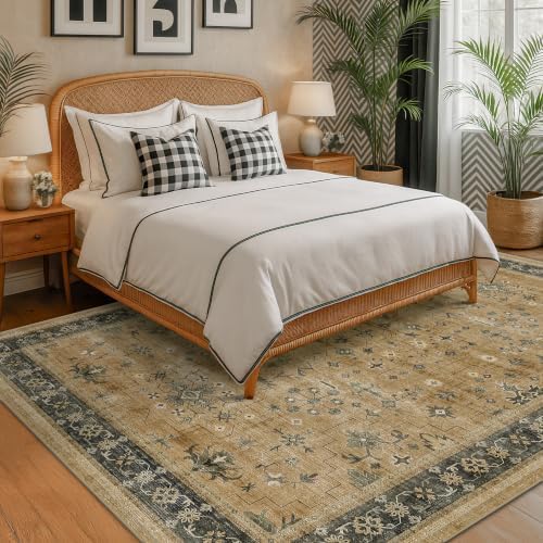 Boho 7x10 Living Room Rug - Washable Rustic Brown and Charcoal Olive Bedroom Area Rug, Modern Vintage Dining Room Carpet, Non-Slip Stain & Fade Resistant