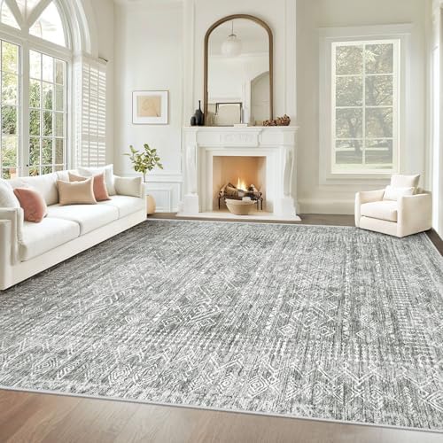 Living Room Rugs 8x10: Washable Moroccan Geometric Boho Rug Farmhouse Non Slip Stain Resistant Large Rug Low Pile Soft Carpet for Bedroom Dining Room Children Room (Grey,8'x10')