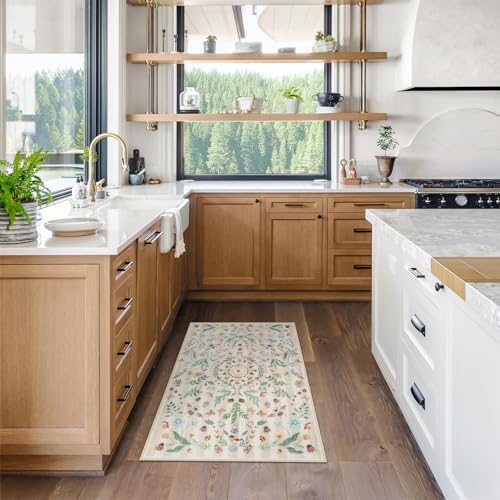 Lahome Washable Insect Botanical 2x3 Area Rugs for Entryway - Machine Washable Non-Slip Kitchen Rugs, Beige Boho Low Profile Soft Faux Wool Indoor Door Mat for Bathroom,Bedroom, Hallway