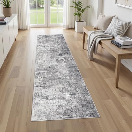 UERMEI 2x8 Washable Runner Rug for Hallway, Non Slip Low Pile Kitchen Carpet, Neutral Modern Abstract Indoor Floor Mat for Entryway Laundry, Kid & Pet Safe High Traffic Area, Grey