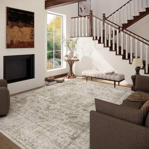 Washable Area Rugs for Living Room: 10x14 Bedroom Area Rugs Boho Vintage Rugs Stain Resistant Non Slip Low Pile Soft Lightweight Carpet for Kitchen Dining Room Farmhouse Nursery Kids Room Home Office