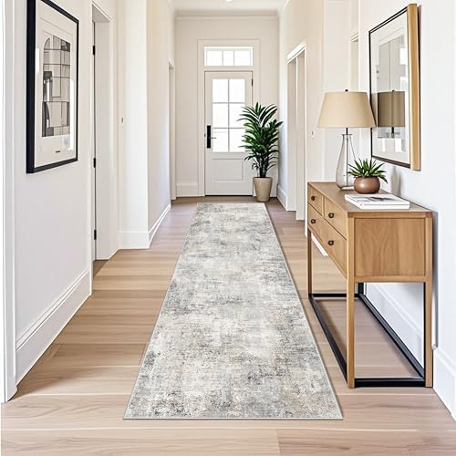 3x10 ft Long Hallway Runner Rug – Non-Slip Washable Kitchen Floor Rug with Rubber Backing, Modern Low Pile Thin Wide Carpet Runners for Bedroom, Entryway Indoor（Gray Beige,3x10）