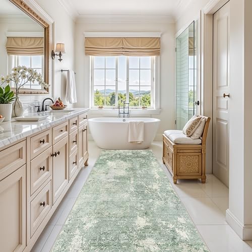 4x8 Washable Indoor Entryway Rug Non-Slip Rubber Backed Floor Mat for Kitchen, Hallway, Bedroom Modern Abstract Low-Pile Thin Wide Carpet Runner for Bathroom, Living Room, Office (Sage Green, 4x8)