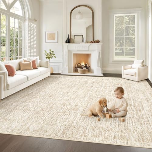 Living Room Rugs 10x14: Washable Moroccan Geometric Boho Rug Farmhouse Non Slip Stain Resistant Large Rug Low Pile Soft Carpet for Bedroom Dining Room Kids Room (Beige,10x14)