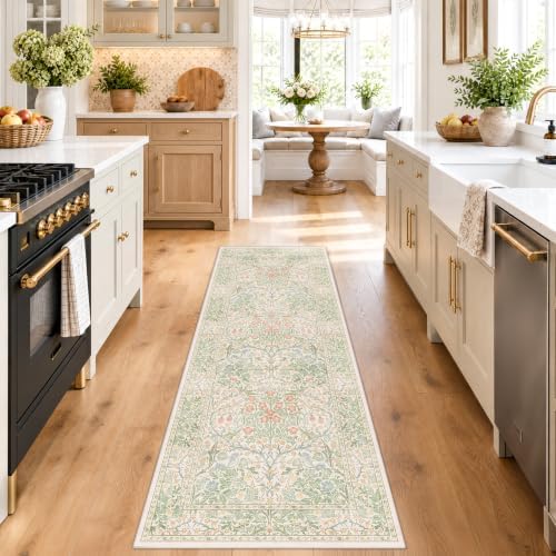 Vintage Beige Green 2'6" x 8' Runner Rug for Kitchen, Hallway, Bathroom, Entryway Indoor, Laundry Room, Washable Non Slip Rubber Backing Stain Resistant