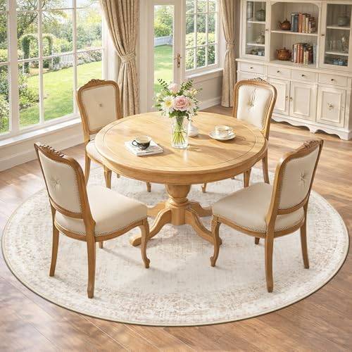 Round Rugs 5ft Washable Rug, Vintage Boho Medallion Rugs Non-Slip Soft Low Pile Circle Distressed Rug Indoor Retro Carpet for Living Room Bedroom Dining Room Home Office (Beige, 5' Round)