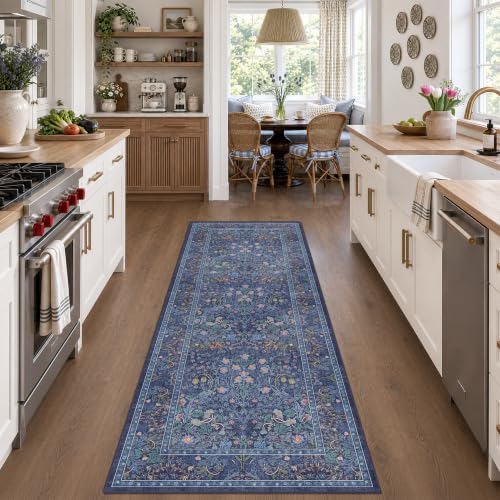 Dark Blue 3x8 Wide Hallway Runner Rugs Indoor Non Slip, 8ft Oriental Washable Rug for Kitchen, Entrance Indoor, Vintage Floral Design Low Pile & Soft Stain Resistant Carpet