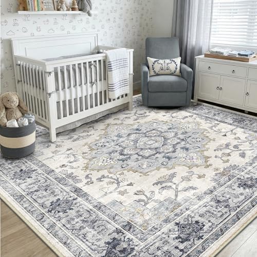 CAPALOCA 5x7 Washable Nursery Girls Low Pile Area Rug Blue White