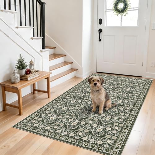 Washable 3x6 Boho Entryway Rug: Floral Indoor Runner Rugs Non-Slip Floor Carpet for Hallways,Kitchen,Bedroom,Laundry,Bathroom Beside Bed, Stain & Fade Resistant,Botanical Design Green