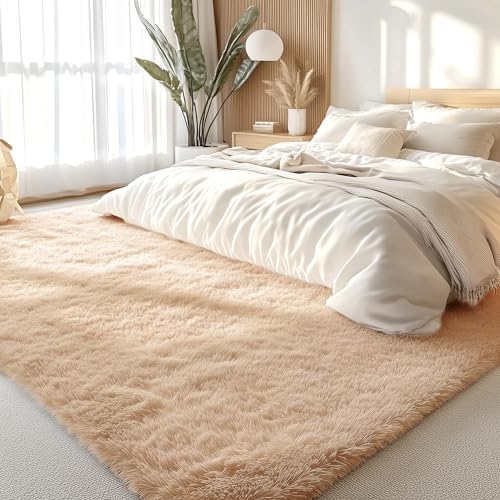 OLANLY 7x9 Machine Washable Large Area Rugs for Living Room, Bedroom, Soft Fluffy Shaggy Bedside Rug, Indoor Floor Carpet for Kids Girls and Boys, Dorms, Nursery, Home Decor Aesthetic, Beige