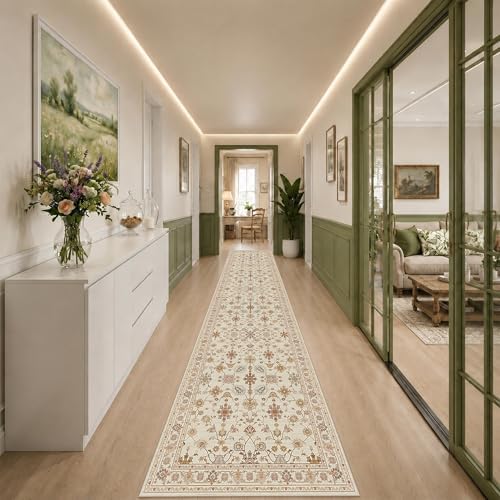 Rugxara 2x10 Beige Floral Runner Rug for Hallways Kitchen