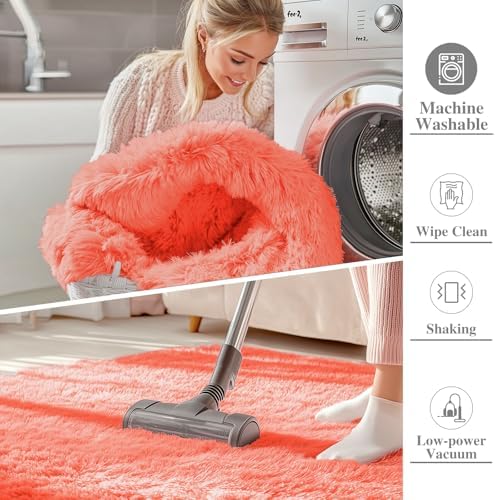 OLANLY 2x8 Machine Washable Runner Rugs for Hallway, Soft Fluffy Shaggy Bedside Rugs for Bedroom, Living Room, Indoor Floor Carpet for Kids Girls and Boys, Home Decor Aesthetic, Coral Red