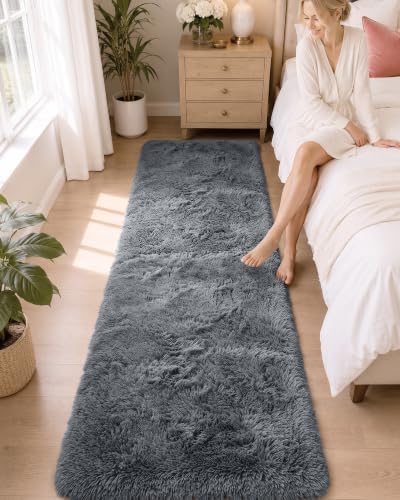 OLANLY 2x6 Machine Washable Runner Rugs for Hallway, Soft Fluffy Shaggy Bedside Rugs for Bedroom, Living Room, Indoor Floor Carpet for Kids Girls and Boys, Nursery Rooms, Home Decor Aesthetic, Grey