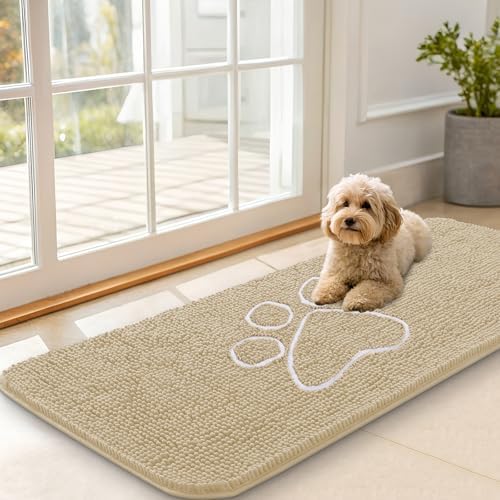 OLANLY Dog Door Mat for Muddy Paws 47x20, Paw Print Design Chenille Mud Mat