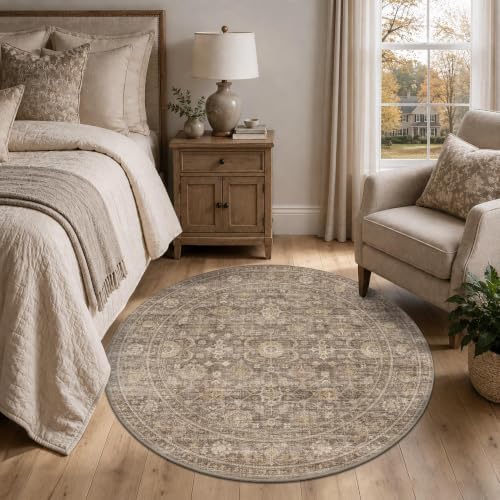 JOOJA 4x4 Tan Vintage Soft Low Pile Washable Boho Small Round Kitchen Rug