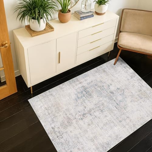 Washable Light Blue Rugs for Entryway Indoor - 3x4 Throw Rug for Large Kitchen, Bedroom Bedside, Bathroom, Mudroom, Modern Abstract Medallion Décor, Non Slip Low Pile Fade Resistant, Distressed Design
