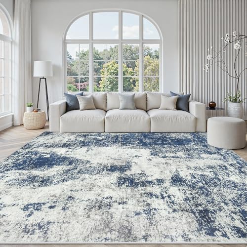 8x10 Area Rugs for Living Room Large Washable Abstract Blue Carpets