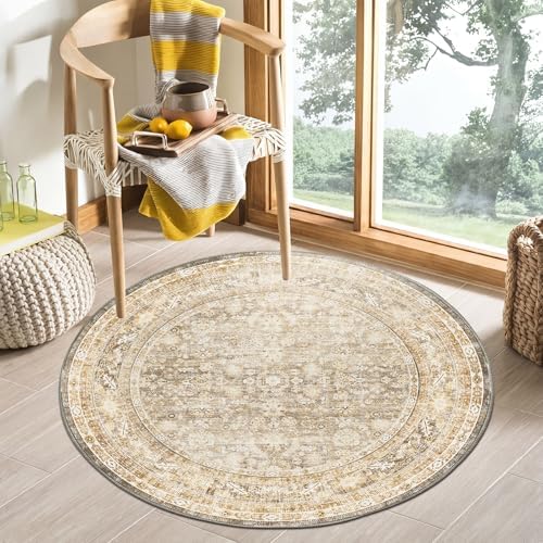 OPPODREAM Vintage Beige Area Rugs 4' Round, Washable Rug for Living Room