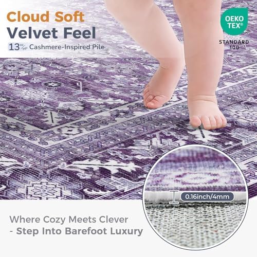 OPPODREAM Vintage Purple Area Rugs 3' Round, Washable Rug for Living Room