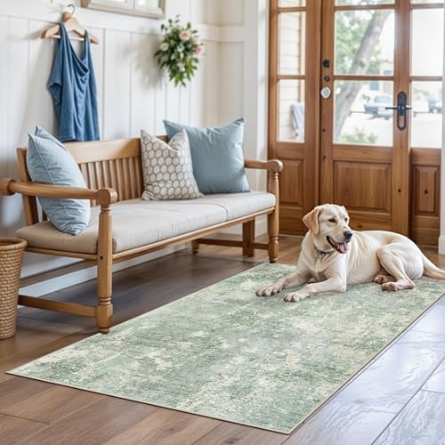 3x4 Washable Entryway Area Rug – Non-Slip Modern Abstract Small Area Rug for Kitchen, Bedroom, Bathroom – Soft Low-Pile Thin Indoor Door Mat (Sage Green,3x4)