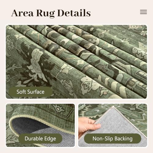 8x10 Ft Large Area Rugs for Living Room, Soft Non-Slip Machine Washable Rug, Vintage Stain Resistant Carpets for Bedroom Nursery Dining Room Home Decor (Green)