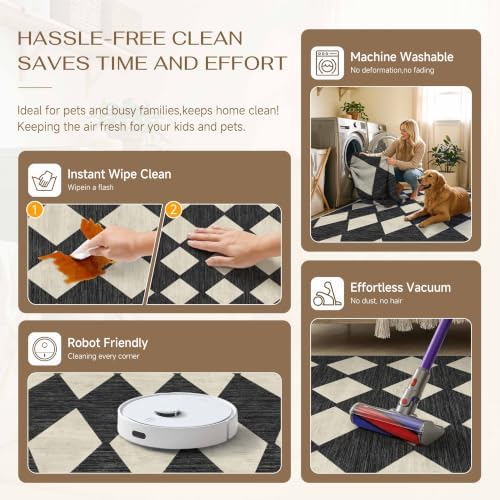 PureCozy Black 2x6 Washable Runner Rug Kitchen Non Slip Checkered Carpet