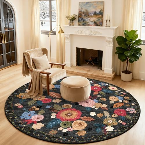 4ft Round Bedroom Rug Washable: Circle Rugs for Living Room Floral Vintage Non Slip Low Pile Soft Faux Wool Non Shedding Small Carpet for Kitchen Entryway Bathroom Bedside Office Farmhouse Entrance