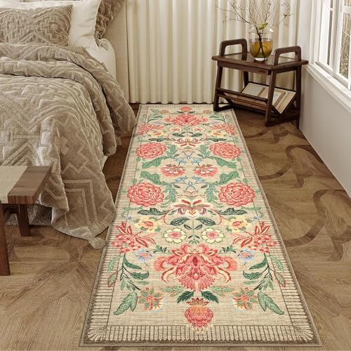 GarveeHome Floral 2x6 Washable Kitchen Runner Rugs Non Slip Camel Taupe Brown Vintage Boho Cottage Long Rug for Hallways Bedroom Entryway Bathroom Mat with Rubber Back