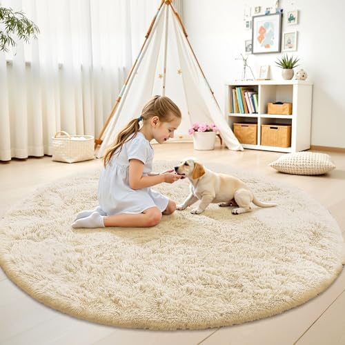 OLANLY Cream Round Rugs for Bedroom - Machine Washable, 7 ft Circle Area Rugs for Living Room, Soft and Fluffy Shaggy Carpet for Teen Girl and Boys, Nursery Rooms, Dorms, Home Decor Aesthetic