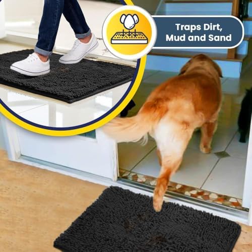 Muddy Mat® | Super Water Absorbent Door Mat Indoor, Microfiber Quick Dry Chenille Entryway Rug, Slip Resistant Front Door Mat, Indoor Mats for Entryway, Machine Washable Pet Rug, Charcoal 3ft x 8ft