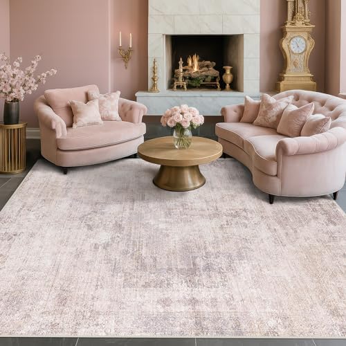 Modern Pink Mauve and Grey 5x7 Area Rugs for Bedroom - Abstract Living Room Rug, for Dining Room Under Table, Washable, Non Slip & Soft, Medallion Distressed Print Pattern, Distressed Design