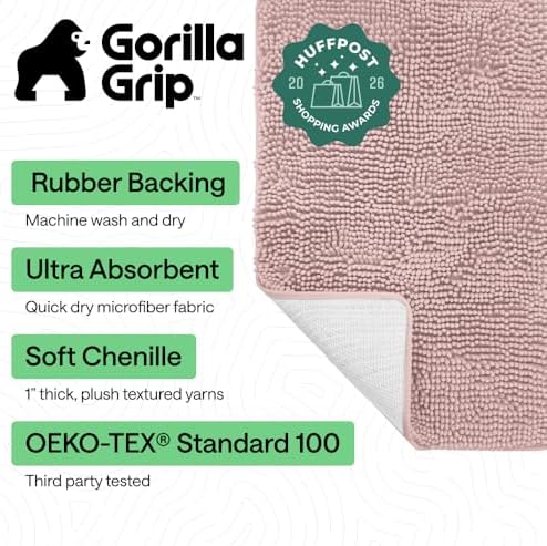 GORILLA GRIP Bath Rug Mat for Bathroom, Absorbent Chenille 44x26 Dusty Rose
