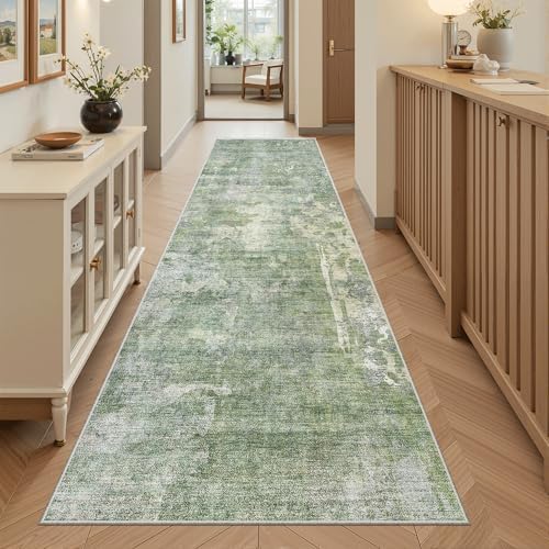 Soalmost Runner Rug 2'6"x8' Kitchen Hallway Runners Abstract Green/Ivory