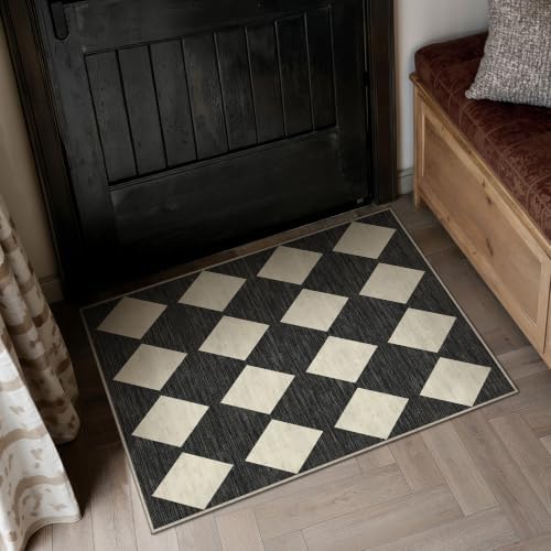 PureCozy Black 2x3 Washable Area Rug Entryway Non Slip Checkered Doormat