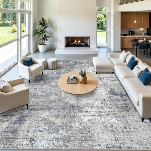 12x14 Living Room Area Rug – Washable Non-Slip Soft Large Room Rugs for Bedroom Dining Room, Modern Neutral Abstract Low Pile Thin Indoor Carpet（Blue Grey, 12x14）