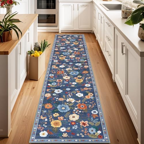 Floral Washable 2x10 Area Rugs Runner Entryway Hallway Blue/Grey