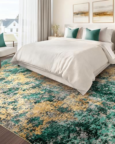 9x12 Area Rug for Living Room - Washable Rugs Modern Abstract Neutral Soft Rug for Bedroom Dining Room No Slip Low Pile Carpet for Nursery Home Office - Teal/Orange