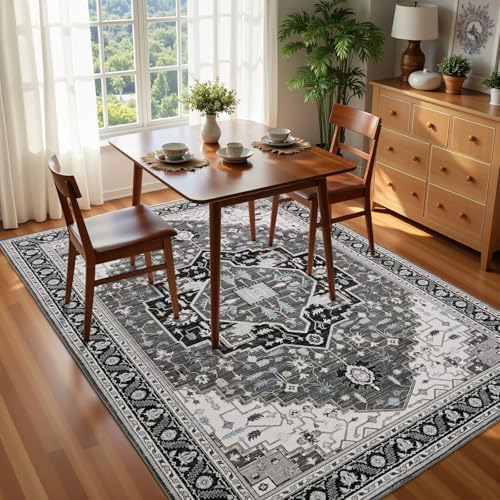 Macgace Washable Vintage Area Rug for Living Room, 6x9 Rugs Black Grey