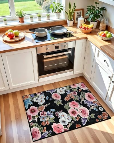 Macgace Floral Area Rug for Entryway, Washable 2x3 Black Small Rugs