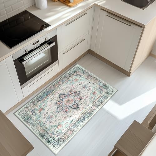 BESTSWEETIE Washable Boho 2x3 Area Rug for Living Room, Multi Navy Teal