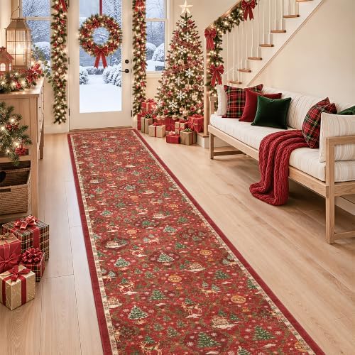 Christmas 2x12 Runner Rugs for Hallway, Red Non Slip Washable Kitchen Rug
