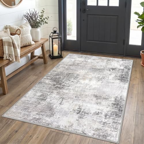 IOHOUZE Abstract Area Rug 4x5 Ft Washable Rugs for Entryway Indoor, Non Slip Small Living Room Rugs Printed Faux Wool Throw Rug, Floor Carpet for Kitchen Nursery Playroom, Grey Beige