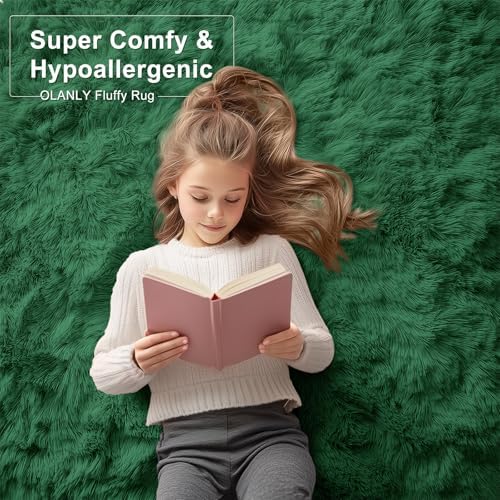 OLANLY 5x8 Machine Washable Large Area Rugs for Living Room, Bedroom, Soft Fluffy Shaggy Bedside Rug, Indoor Floor Carpet for Kids Girls and Boys, Dorms, Nursery, Home Decor Aesthetic, Dark Green