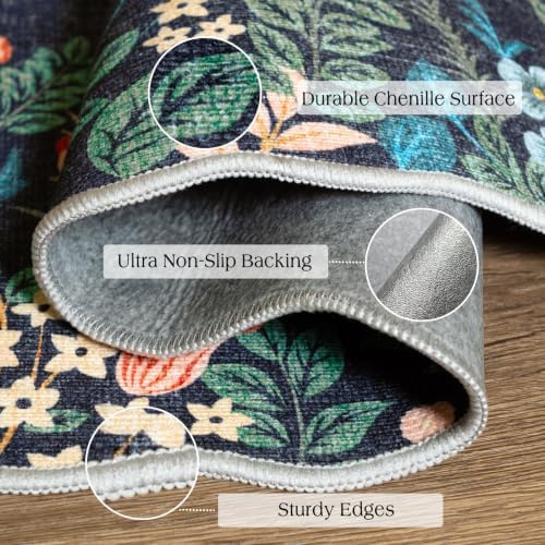 Front Door Mat Indoor Outside Entrance - 2x3 Dark Navy Floral Rug