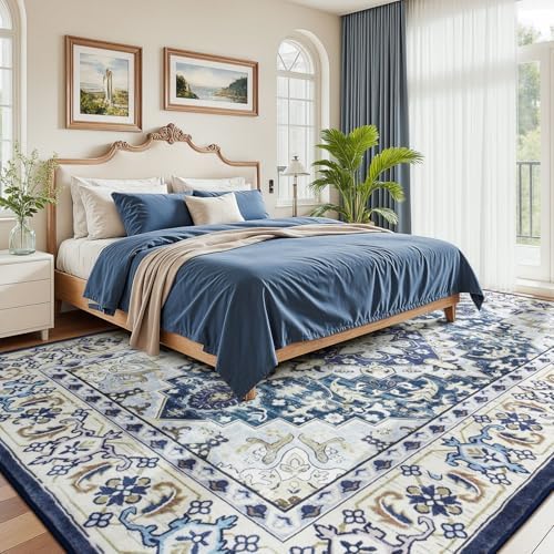Lessymo 8 x 10 Area Rugs for Living Room, Washable Rug Faux Wool Dark Blue